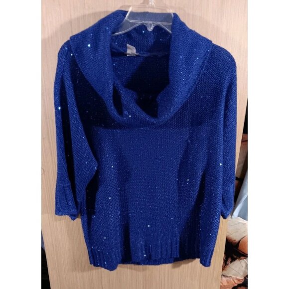 Chicos Sz 1/M Ladies Cowl Neck Sweater Blue Sequined 3/4 Sleeves Knit - Picture 1 of 5